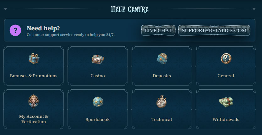 BetAlice Casino BE hELP-cENTRE