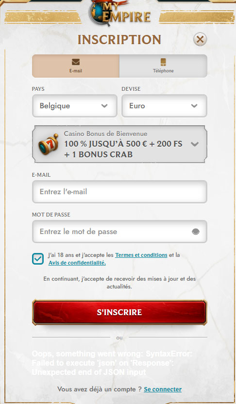 MyEmpire Casino Register
